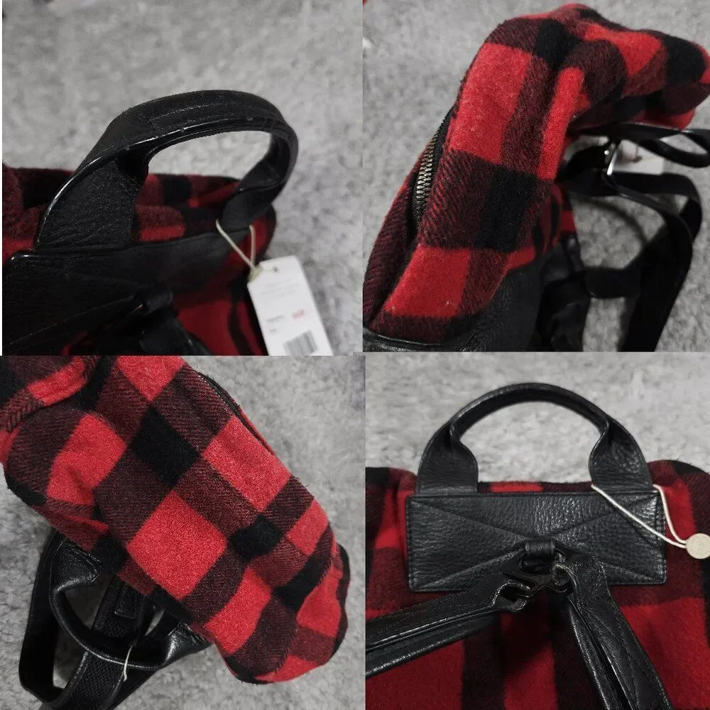 READ Mcq by Alexander Mcqueen Red Black Buffalo Plaid Wool Leather Backpack